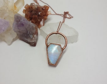 Copper Electroformed Rainbow Moonstone Coffin Necklace - Gemstone Necklace - Healing Crystal Jewelry