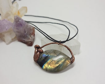 Copper Electroformed Labradorite and Mushroom Necklace - Gemstone Necklace - Healing Crystal Jewelry