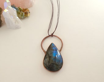 Copper Electroformed Labradorite Teardrop Pendant on Waxed Cord Necklace - Gemstone Necklace - Healing Crystal Necklace