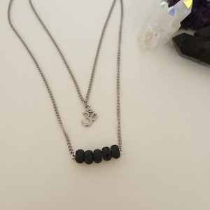 Lava Stone and Om Double Strand Necklace on Stainless Steel Chain - Essential Oil Diffuser Necklace - Healing Crystal Jewelry
