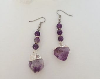 Beaded Amethyst and Raw Amethyst Crystal Earrings on Stainless Steel Ear Wires - Gemstone Earrings - Healing Crystal Jewelry