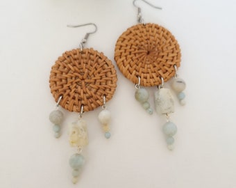 Woven Wicker and Amazonite Beaded Earrings on Stainless Steel Ear Wires - Gemstone Earrings - Healing Crystal Jewelry