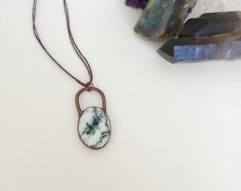 Copper Electroformed Moss Agate Pendant on Waxed Cord Necklace - Gemstone Necklace - Healing Crystal Jewelry