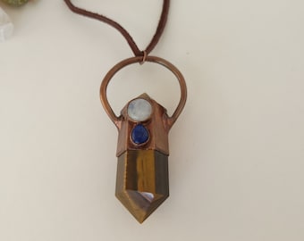 Copper Electroformed Tiger's Eye Point with Rainbow Moonstone and Lapis Lazuli Pendant on Leather Cord Necklace - Gemstone Jewelry