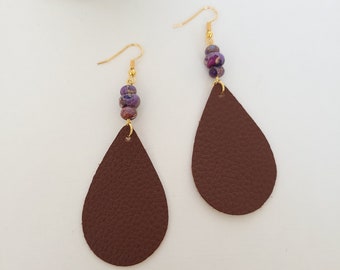 Brown Leather Drop and Purple Imperial Jasper Beaded Earrings on Gold Plated Ear Wires - Gemstone Earrings - Healing Crystal Jewelry