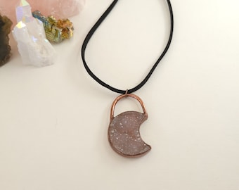 Copper Electroformed Chalcedony Druzy Moon Pendant on Faux Leather Cord Necklace - Gemstone Necklace - Healing Crystal Necklace