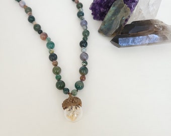 Beaded Fancy Jasper Necklace with Real Acorn Cap and Dandelion Seed Pendant - Gemstone Necklace - Healing Crystal Jewelry