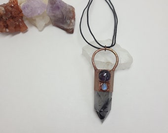 Copper Electroformed Rutilated Quartz Point with Amethyst and Moonstone Necklace - Crystal Necklace - Healing Crystals - Gemstone Jewelry