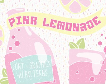 Pink Lemonade Retro Display Font, block font, fun lettering, pop art, vintage font, vector clipart, Summer party, AI pattern swatches