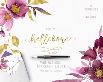 Hellebore Watercolour flowers clipart, Gold, floral clip art, Wedding flower graphics, boho, flower bouquet illustrations, scrapbooking