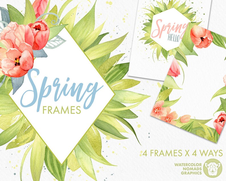 Watercolor Spring Flowers Frames Clipart Geometry Frames - Etsy