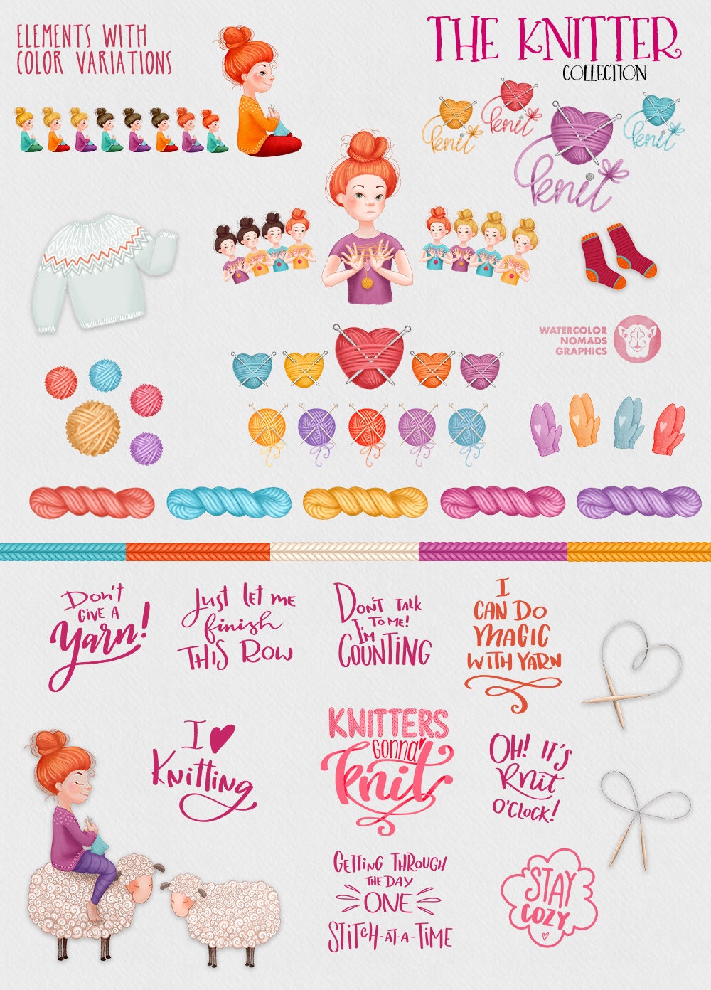 Knitter Clipart Set Knitting Girl Cute Sheep Yarn Ball