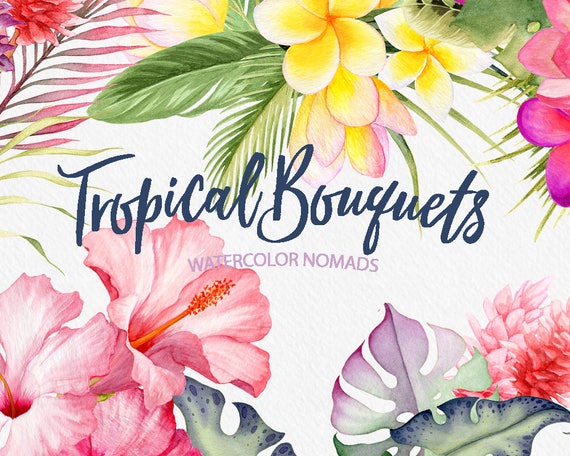 Tropical Flower Bouquets Clipart Png Watercolor Flowers And Etsy