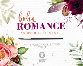 Floral Watercolor Clipart, flowers clip art, peonies, feathers, bridal graphics, greenery, floral illustration, Boho Romance Vol 4,