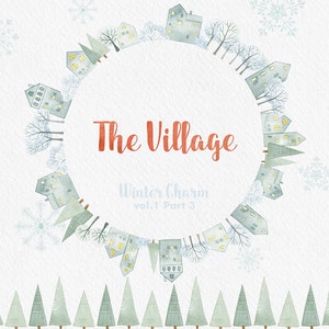 Winter Houses Clipart, Snowy Village House Christmas clipart, watercolor printable scrapbooking toppers, snowflake designs