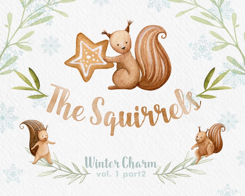 Winter Clip art, Squirrel, watercolor wreath, Christmas clipart, watercolor clipart, printable, scrapbooking, snow flake, illustration 