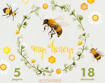 Bee clipart, Bee PNG, watercolor Bee My Honey, honeycomb background, camomile wreath, digital clipart, floral clipart, honeybee, clover
