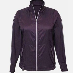May include: A dark purple athletic jacket with a full-length white zipper and a stand-up collar. The jacket has white stripes down the sleeves and two front pockets. The cuffs have thumb holes. The jacket is made of a lightweight material.