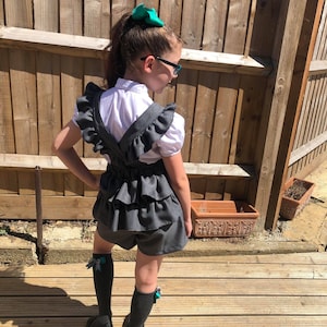 Hand Made School Uniform , UK, Short Dungarees With or Without Ruffle Bottom. Grey, Navy, Black, Maroon, Bottle Green, Brown.