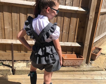 Hand Made School Uniform , UK, Short Dungarees With or Without Ruffle Bottom. Grey, Navy, Black, Maroon, Bottle Green, Brown.