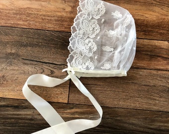 Hand made ivory lace bonnet. Christening,Baptism, lace bonnet. Tulle lace, embroidered lace, soft satin ribbon bows.