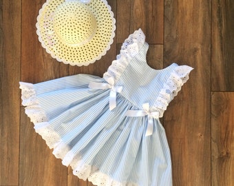 Blue and white pinstripe dress. Cotton. Hand made. Girls cotton summer dress. Scoop back and lace detail. Elegant party dress. Baby blue.