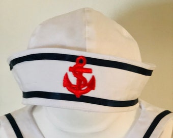 Hand made sailor, nautical hat in white cotton. Baby, toddler and children’s sizes.