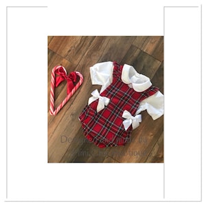 Baby and toddler girls Stewart Tartan, plaid, flannel, romper, playsuit, shirt, sizes newborn to 4 years. Holiday outfit Christmas suit.