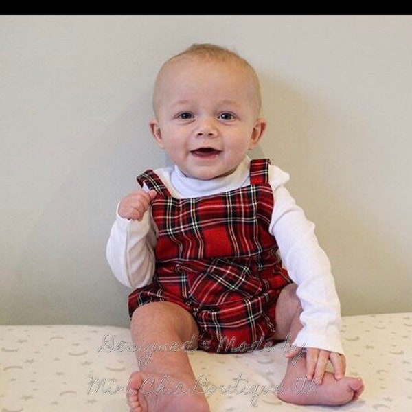 Traditional bubble romper in Royal Stewart tartan. Sizes newborn though to 3 Years. Red Plaid Romper. Boys holiday outfit, photo prop.