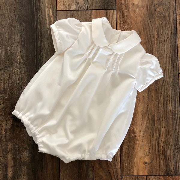 Baby boys ivory satin romper, white satin romper,  with cotton lining. Hand made to order.