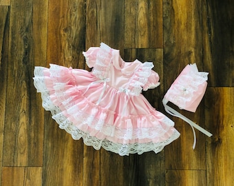 Vintage Style Ruffle and Lace Dress. Special Occasion, Pink Party Dress. Frills and Bows. Photo Shoot Dress. Optional Bonnet.