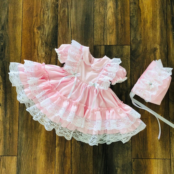 Vintage Style Ruffle and Lace Dress. Special Occasion, Pink Party Dress. Frills and Bows. Photo Shoot Dress. Optional Bonnet.