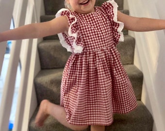 Hand made school uniform, gingham dress, red gingham, ruffle dress for girls.