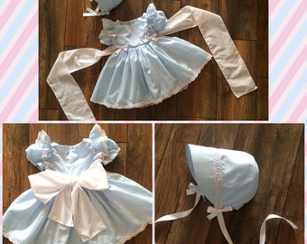 Hand Made Baby Girls Blue Vintage Style Dress. Optional Bonnet. Can be made in other colours. Sizes from newborn - 24 mths. 1st Birthday