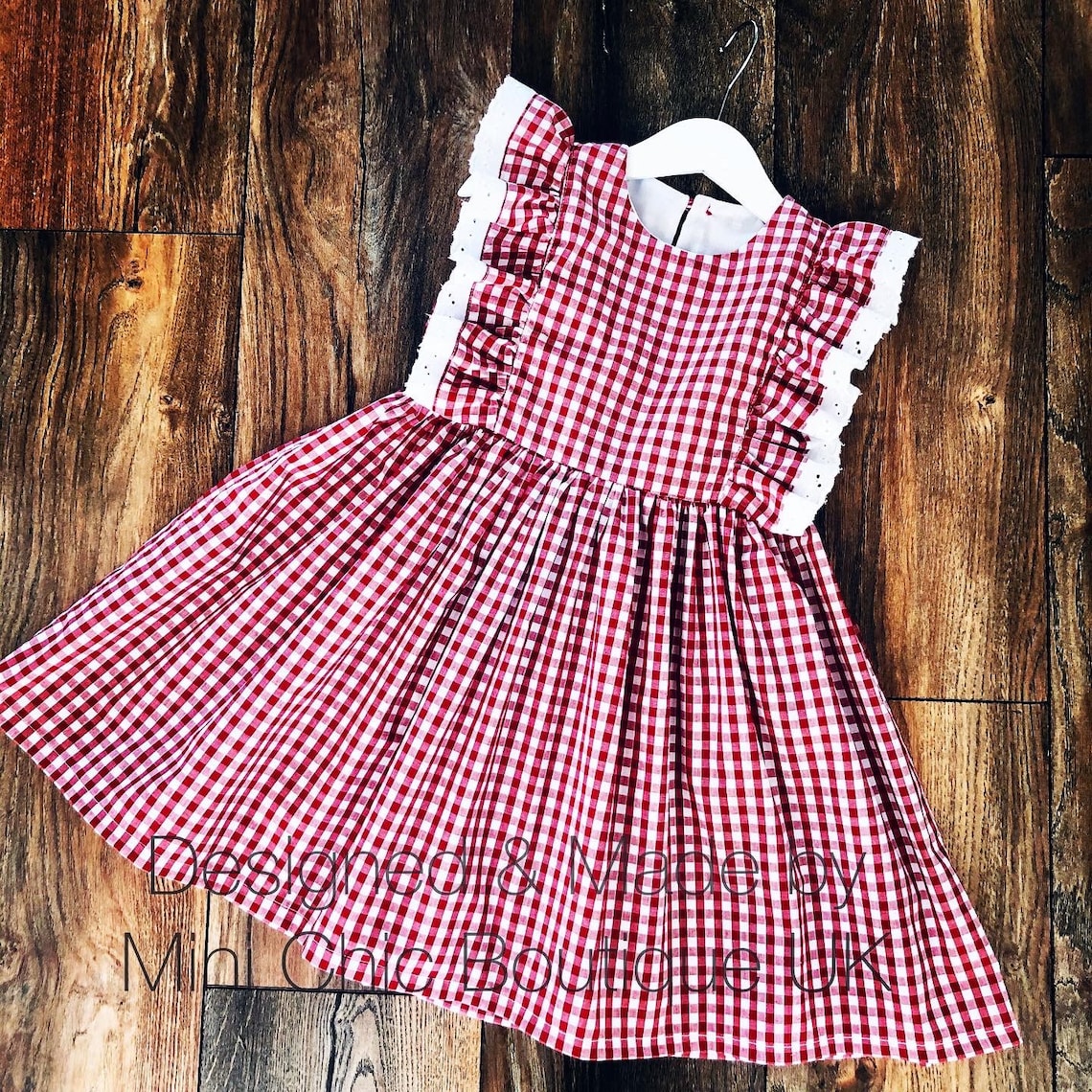 Hand Made School Uniform, Gingham Dress, Red Gingham, Ruffle Dress for ...