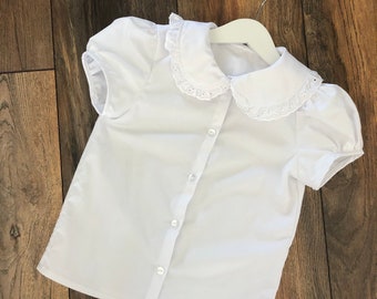 White or blue ruffle collar shirt, blouse, hand made school uniform UK. Girls school uniform.