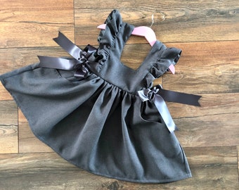 Hand made school uniform, pinafore dress, grey, navy, black, brown. Custom made. Sizes up to 10 years. Pockets, ruffles, bows.