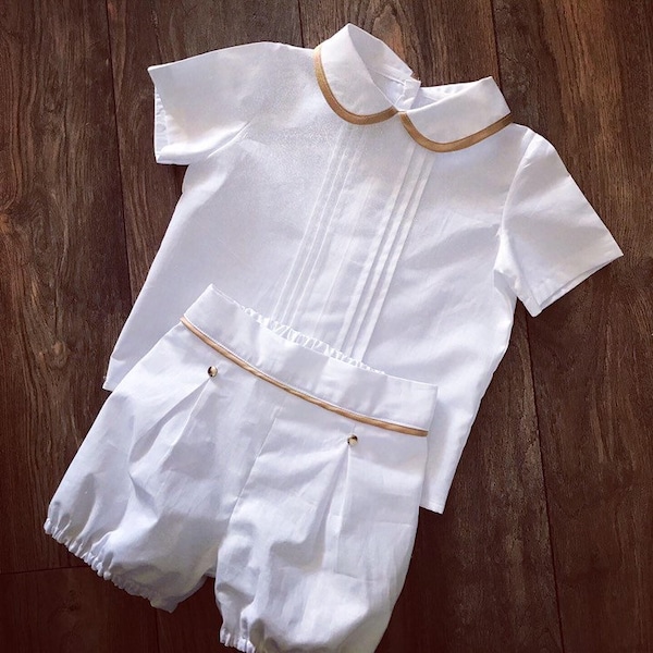 Hand made, cotton, pure white and gold baby, toddler boys outfit. Christening, Baptism, Wedding, Birthday, shorts and shirt set, traditional