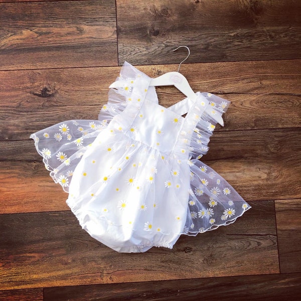 Hand made Daisy romper, playsuit, bubble. White cotton romper for baby , toddler girls. Sheer vintage style. Peplum romper.