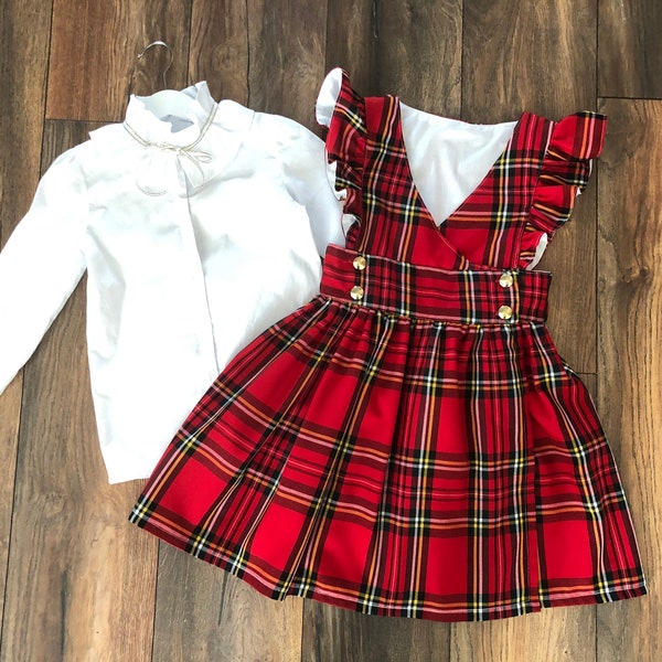 Red Tartan, Plaid, Pinafore Dress and Shirt Set. Also available separately. Girls Holiday, girls Christmas outfit, 12 mths to 10 years.