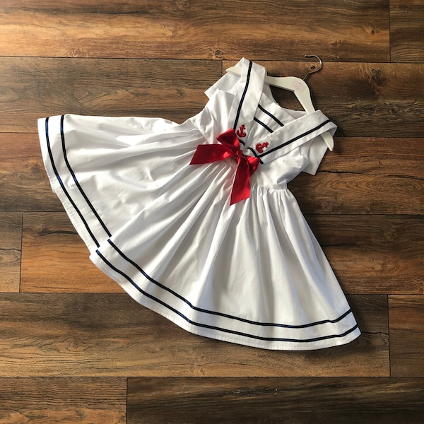 Sailor Dress in White with Navy Blue and Red Trim. Traditional, Vintage Style Dress. 100% Cotton.