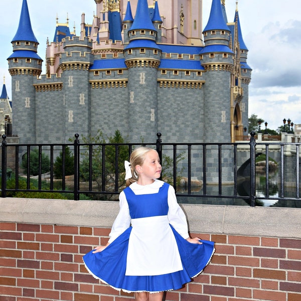 Hand Made Girls Peasant Princess Belle Costume Dress Blue White Apron