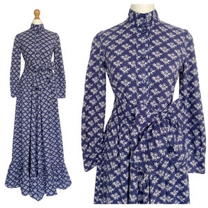 Vintage Laura Ashley 1970s Made In Wales Blue and White Cotton Maxi Prairie Shirt Dress | UK Size 8-10 (Laura Ashley 12)
