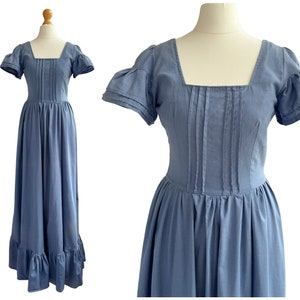 Vintage Laura Ashley Dyers and Printers Made in Wales Cornflower Blue Cotton Maxi Dress with Ruffle Hem | Uk Size 4-6