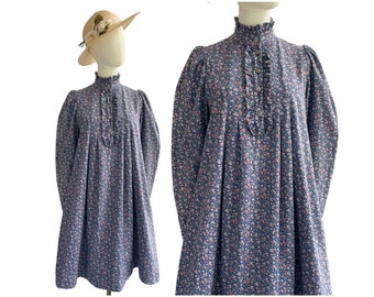 Vintage Laura Ashley Navy Blue Floral Cotton Prairie Style Smock Dress | UK Size 10