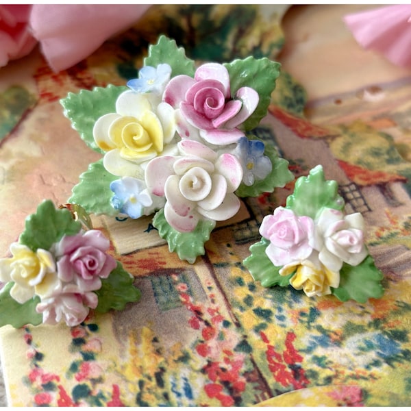 Vintage Bone China Porcelain Floral Rose Brooch and clip on Earrings Set