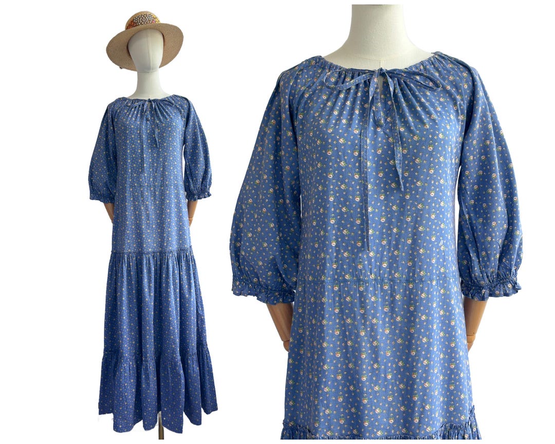 RARE DUSKY BLUE LAURA ASHLEY MADE IN WALES COTTON PRAIRIE DRESS
