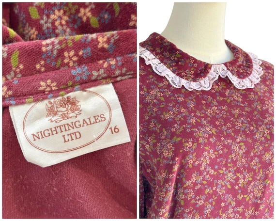 Vintage Nightingales Burgundy Velvet Floral Winter Dress with Lace Trim Peter Pan Collar Cosy Cottagecore | UK Size 14