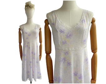 Vintage Sheer Nylon Lace Trim Nightie Chemise White with Lilac and Yellow Floral Print | UK Size 10-12