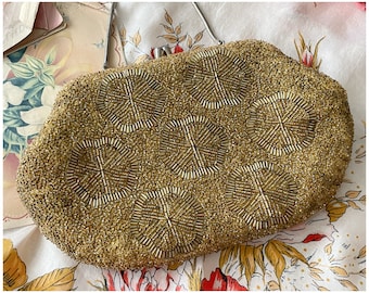 Vintage Gold Beaded Evening Chain Handle Clutch Bag Embellished with Glass Seed Beads Clasp Bag
